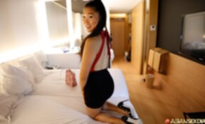 Beauty Katana strips short skirt and rides cock