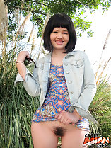 Bottomless in denim jacket hairy pussy exposed