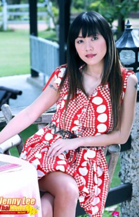Busty cutie Jenny Lee strips red dress and plays with vibrator